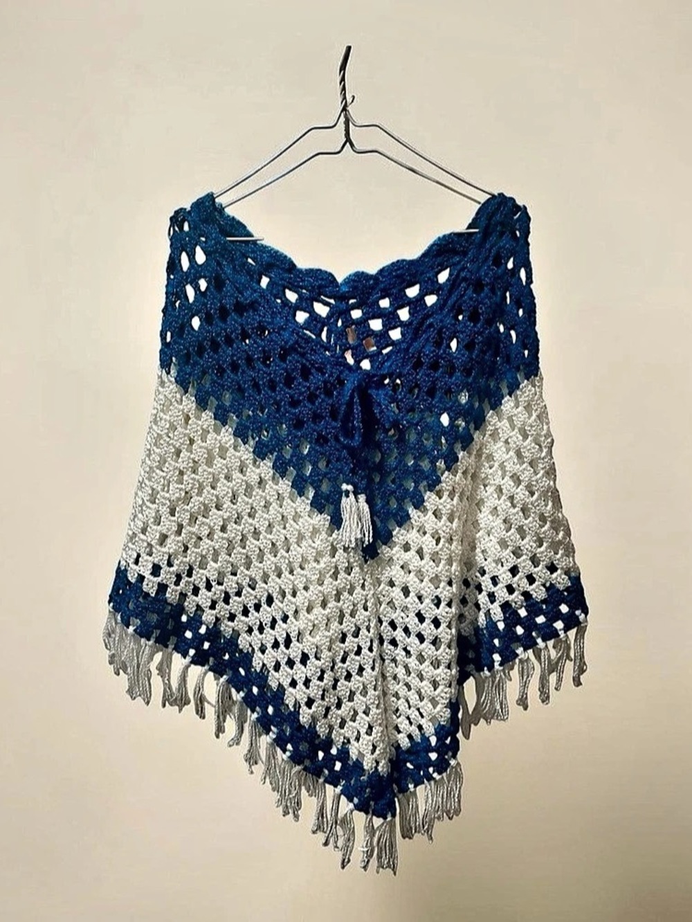 Crochet Vibrant Color Block Poncho in Blue & White